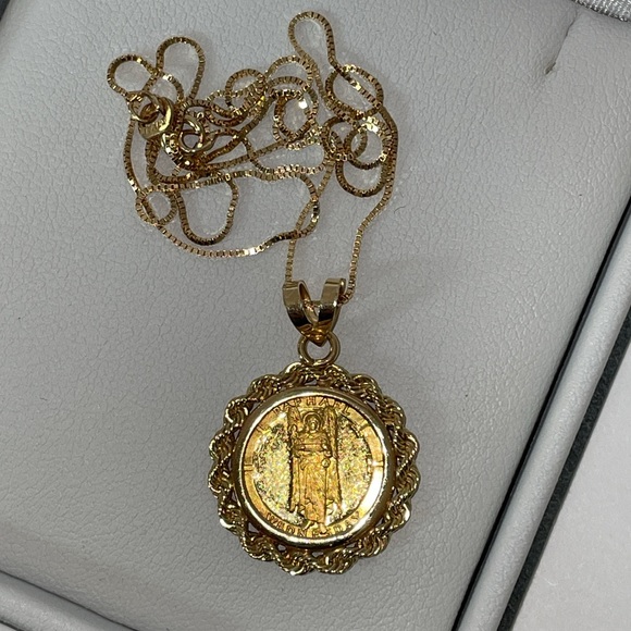 Solid 24K Yellow Gold Coin Raphael Angel & 14K Bezel Pendant Neck Chain Necklace - Picture 3 of 15